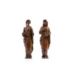 PAIR OF ANTIQUE CARVED WOOD MAIDEN FIGURES