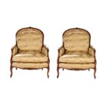 PAIR YELLOW SILVER BROCADE UPHOLSTERED ARMCHAIRS