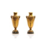 PAIR OF GILT BRONZE URN FORM VASES ON MARBLE BASES