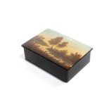 RUSSIAN LACQUER BOX WITH PAINTED RIVER SCENE