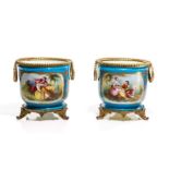 PAIR OF FRENCH TURQUOISE BLUE PORCELAIN CACHEPOTS