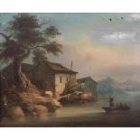 LAM QUA (1825-1860) Paisaje de la costa china con sampanes y tanka a orillas de un río