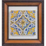 Panel de azulejos en azul y amarillo, con hojas y decoración entrelazada. Portugal, S. XVII