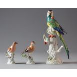 Pareja de pájaros encaramados a una rama en porcelana esmaltada. Meissen, S. XX