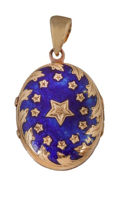 Colgante guardapelo S.XIX oval, con esmalte azul y decoración de estrellas de oro en anverso