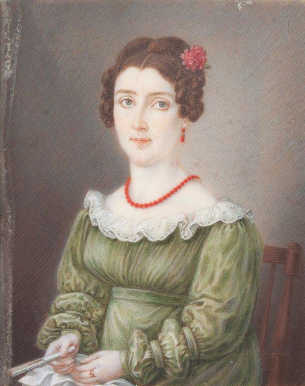 ESCUELA ESPAÑOLA, SIGLO XIX.Retrato de dama con vestido verde, collar de coral y peinado con flor