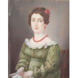 ESCUELA ESPAÑOLA, SIGLO XIX.Retrato de dama con vestido verde, collar de coral y peinado con flor