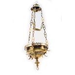 Lámpara votiva en bronce dorado rematada por crestería.Trabajo español, S. XIX.