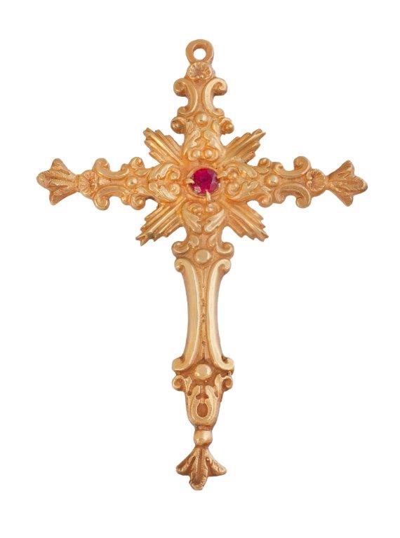 Cruz pectoral en plata dorada con diseño barroco. Punzones de Vaticano