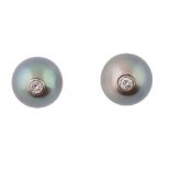 Pendientes de perlas grises de Tahití con brillante en chatón central