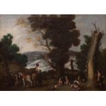 ATRIBUIDO A CORNELIS DE WAEL (Amberes, 1592-Roma, 1667)Paisaje con campesinos y dama desmontando