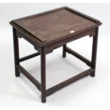 A Chinese hardwood rectangular occasional table on round legs with shaped stretchers, 23¼” wide.