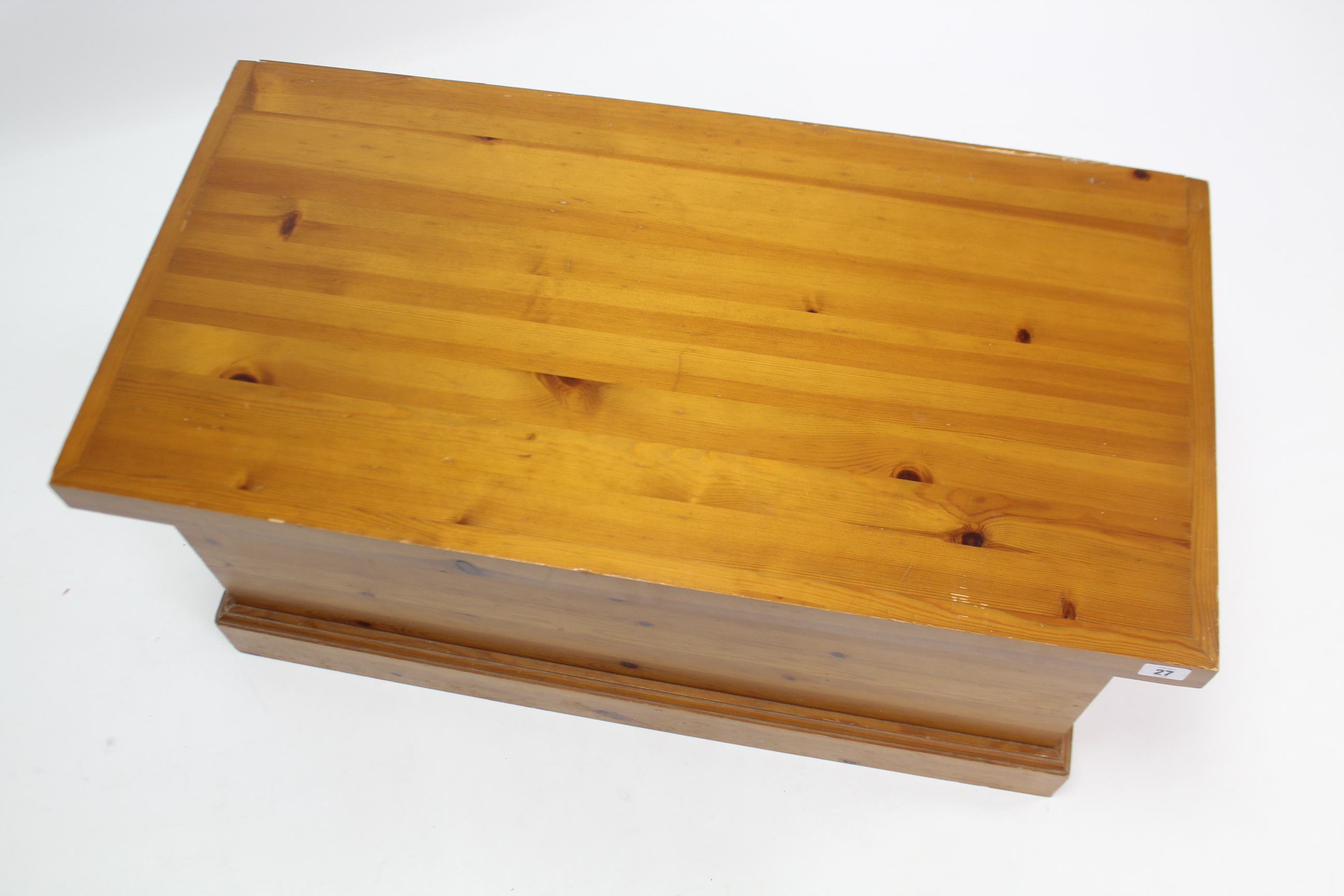 A pine blanket box with hinged lift-lid, & on plinth base, 32¾” wide x 16¼” high. - Image 3 of 4