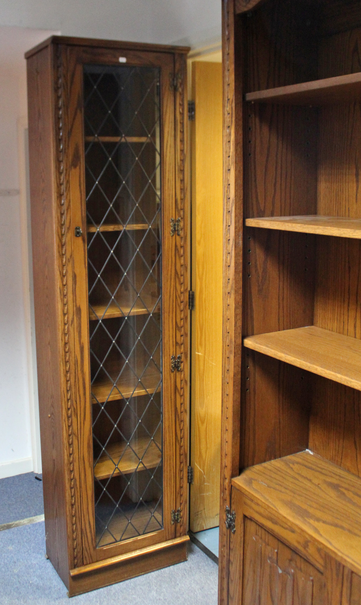 A Jaycee tall oak side cabinet with three adjustable shelves above cupboard enclosed by pair of - Image 2 of 2