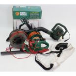 A Black & Decker “Leaf buster”, boxed; a Qualcast hedge cutter; & two extension cable reels.