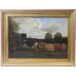 ENGLISH SCHOOL, 19th century. A rural landscape with church & stables. Oil on canvas: 10” x 14”.