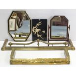 Two brass fenders; an oak swing dressing table mirror; a wall mirror; & a black lacquered plaque.