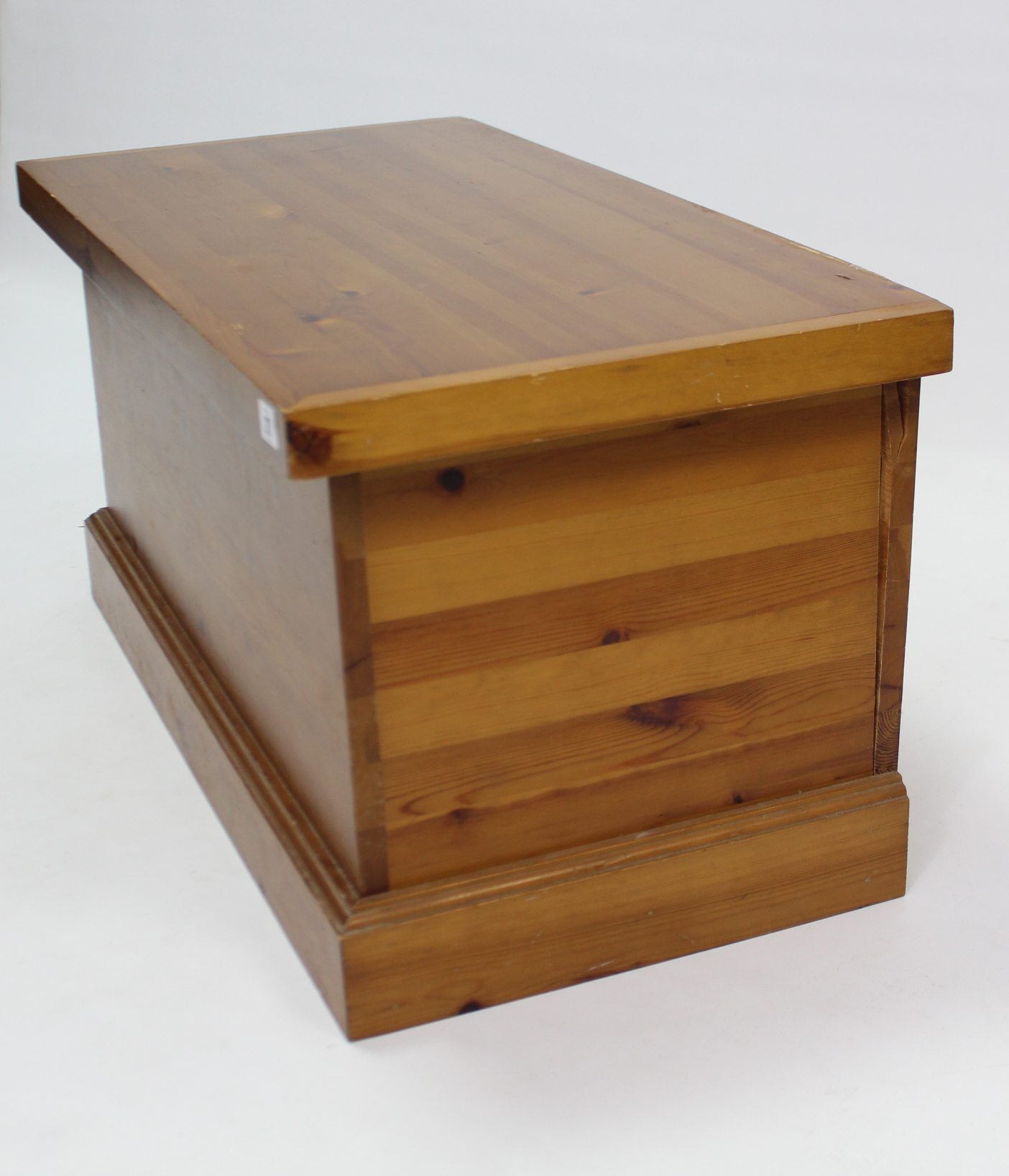 A pine blanket box with hinged lift-lid, & on plinth base, 32¾” wide x 16¼” high. - Image 4 of 4