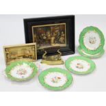 A Victorian china floral decorated five-piece part dessert service; together with a brass engraved