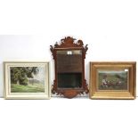 A small Swansea-style wall mirror, 18¾” x 11½”; & various decorative paintings & prints.