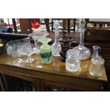 A heavy cut-glass circular fruit bowl; two cut-glass decanters; & various other items of glassware.