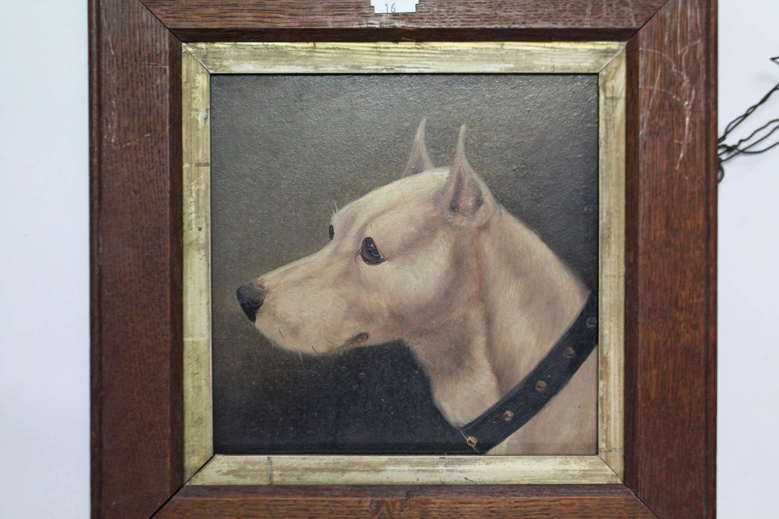 A pair of late 19th/early 20th century oil paintings on card – each depicting a dog portrait, - Image 2 of 3