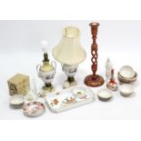 Three table lamps; various decorative ornaments; a small rug, etc.