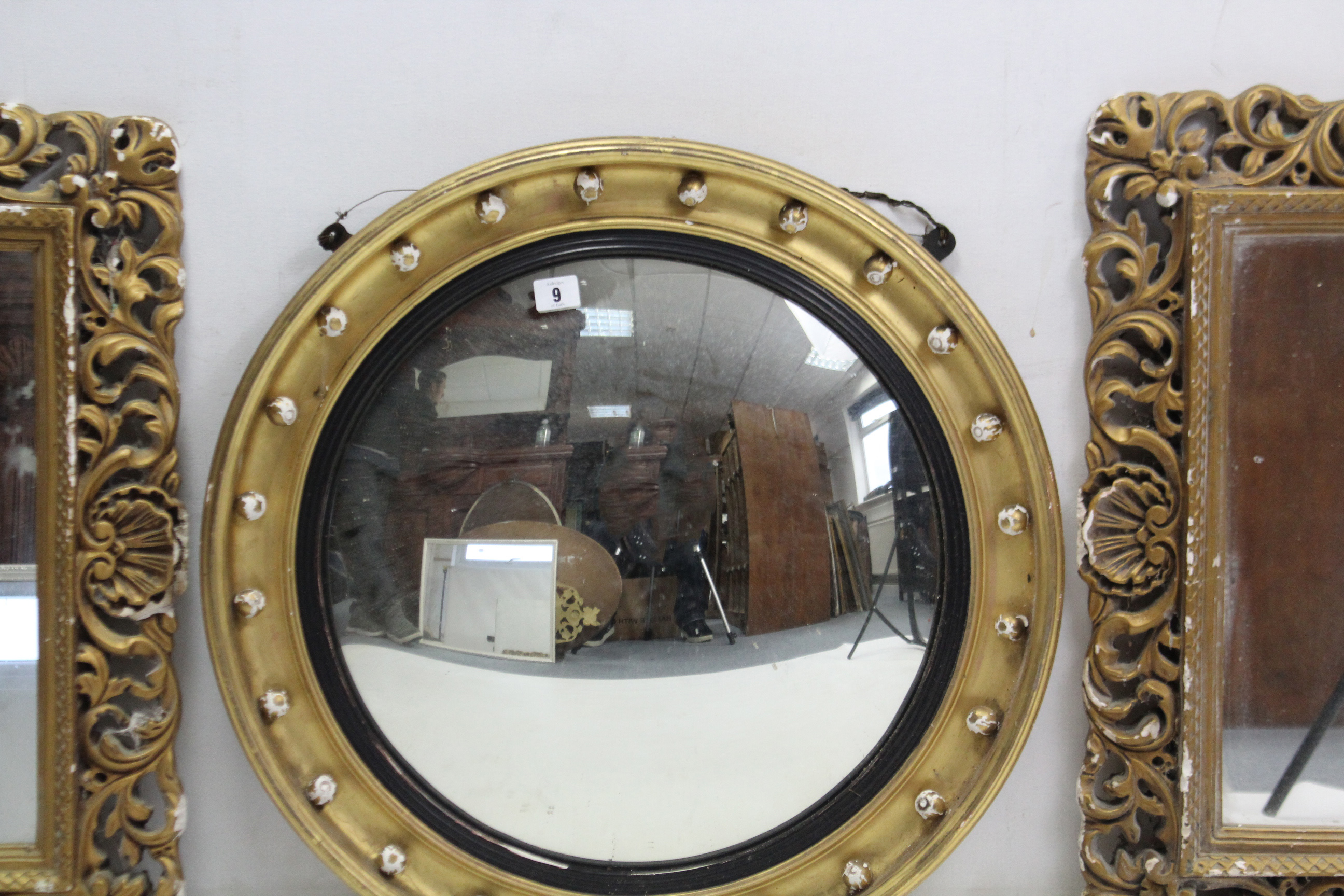 A regency-style gilt frame convex wall mirror with ebony inner-slip & sphere border, 24” diam.; - Image 2 of 5