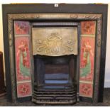 A Victorian-style cast-iron embossed-brass fire surround, inset five pictorial tiles to each