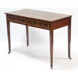 An Edwardian inlaid-mahogany side table, fitted two frieze drawers, & on square tapered legs with