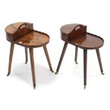 A yew-wood oval sewing table on four square tapered legs with brass castors, & a ditto mahogany oval