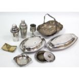 Two cocktail shakers; a silver plated oval entrée dish; & various other items of platedware.