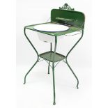 A continental-style green enamelled rectangular two-tier washstand on stylised slender legs, & inset