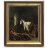 ENGLISH SCHOOL, 19th century. Study of a horse in its stable, a sleeping figure beside an overturned