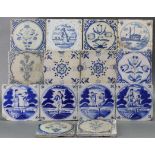 A collection of fifteen 18th century monochrome delft tiles, comprising four biblical tiles, three