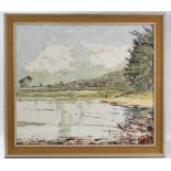 A mid-20th century extensive river landscape with a figure angling to the fore, trees & hills