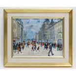 BETTY STIRLING (1915-1985) Glasgow High Street, with numerous figures, trams, & buildings. Signed “