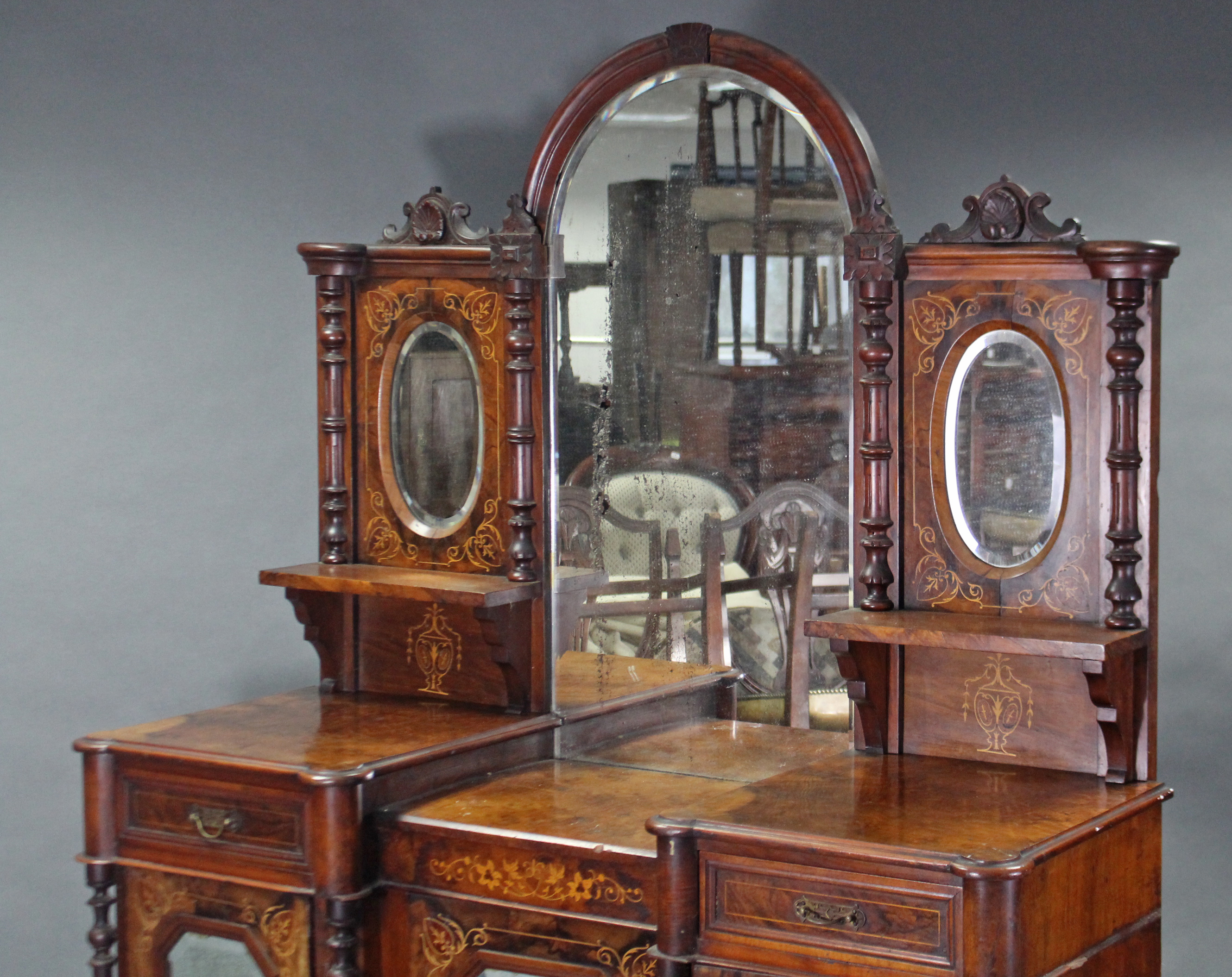 A mid-Victorian inlaid walnut inverted breakfront sideboard, the tall raised back inset three - Image 3 of 4