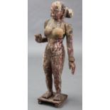An Indian carved wooden standing female figure, with polychrome decoration & moveable limbs, her