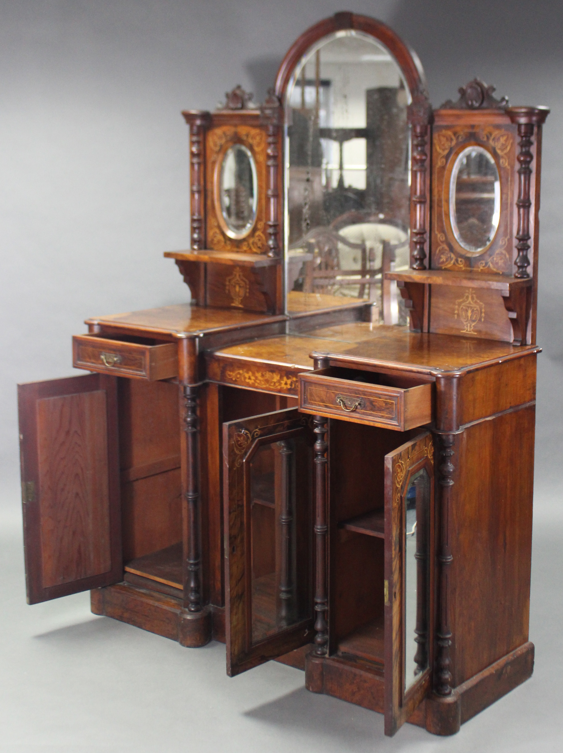 A mid-Victorian inlaid walnut inverted breakfront sideboard, the tall raised back inset three - Image 2 of 4