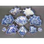 Seven early/mid-19th century blue & white leaf-shaped pickle dishes (all but one transfer