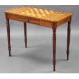 A mahogany rectangular side table with parquetry inlaid chessboard top, fitted frieze drawer, on