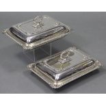 A pair of silver plated rectangular entrée dishes with removable ring handles, gadrooned rims, &