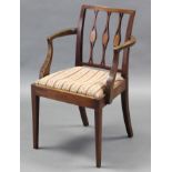 An Edwardian Hepplewhite-style inlaid mahogany occasional elbow chair, with pierced splats to the