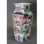 A Cantonese porcelain vase of square tapered form decorated with figure scenes in rose-verte