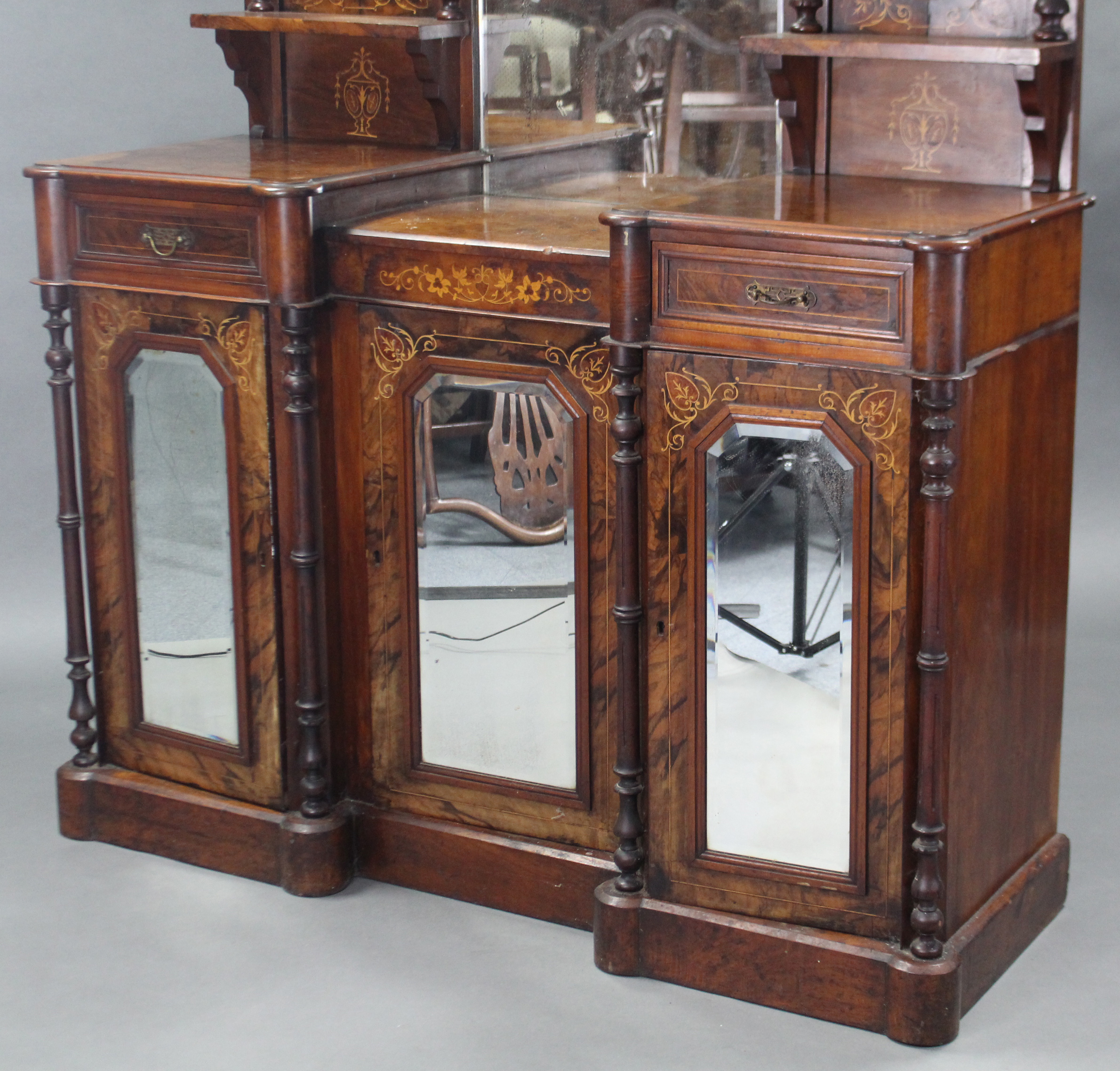 A mid-Victorian inlaid walnut inverted breakfront sideboard, the tall raised back inset three - Image 4 of 4