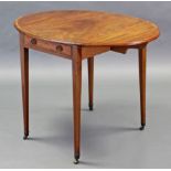 A late 18th century inlaid mahogany drop-leaf side table with crossbanded oval top, fitted frieze