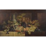 C. L. LOCKTON (early 20th century) Still-life study of fruit, books, a brass candlestick, etc. on