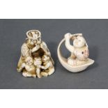A Japanese ivory netsuke carved in the form of Shoki with two Oni, 1½” high; & another of a boy
