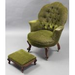 A Victorian nursing chair with shaped buttoned-back, curved arms, & sprung seat upholstered green